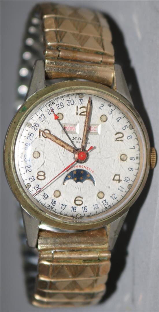 A gentlemans 1940s/1950s? Nais calendar moonphase manual wind wrist watch.